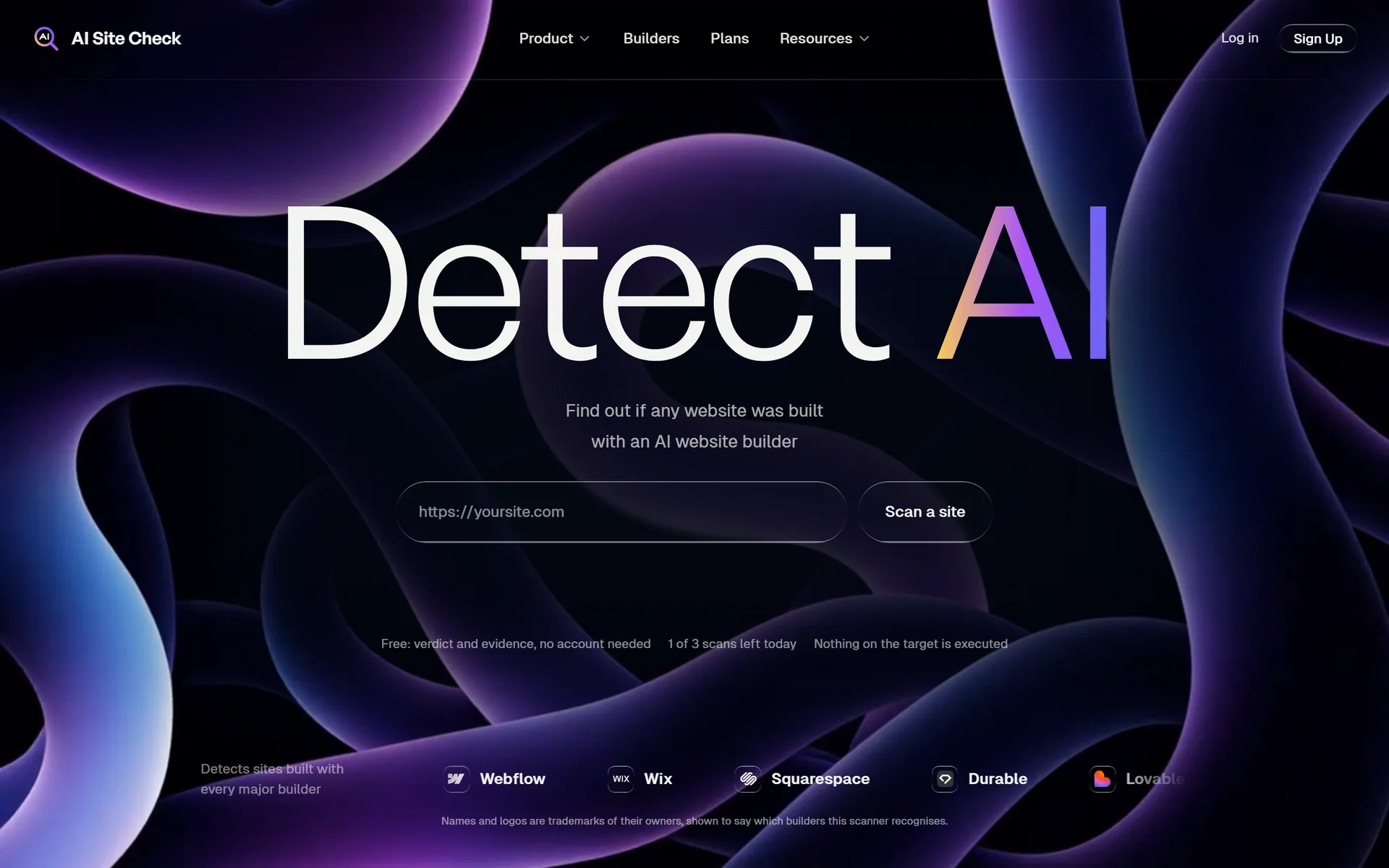 The AI Site Check homepage: the Detect AI headline above the URL field that starts a scan