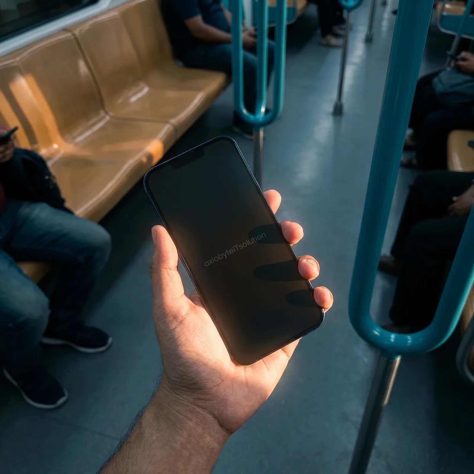 Smartphone on a metro handrail with cinematic blue reflections