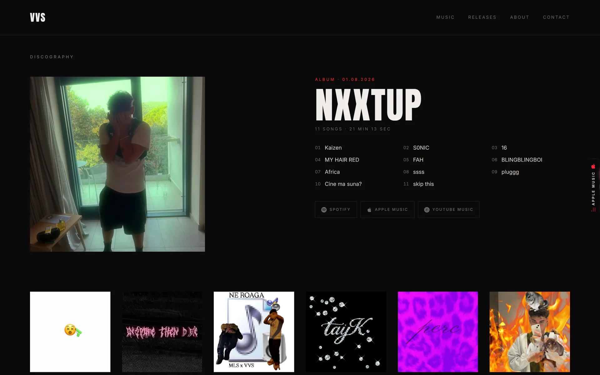 The Catalin VVS site's discography section: the NXXTUP album with its tracklist and a row of release artwork
